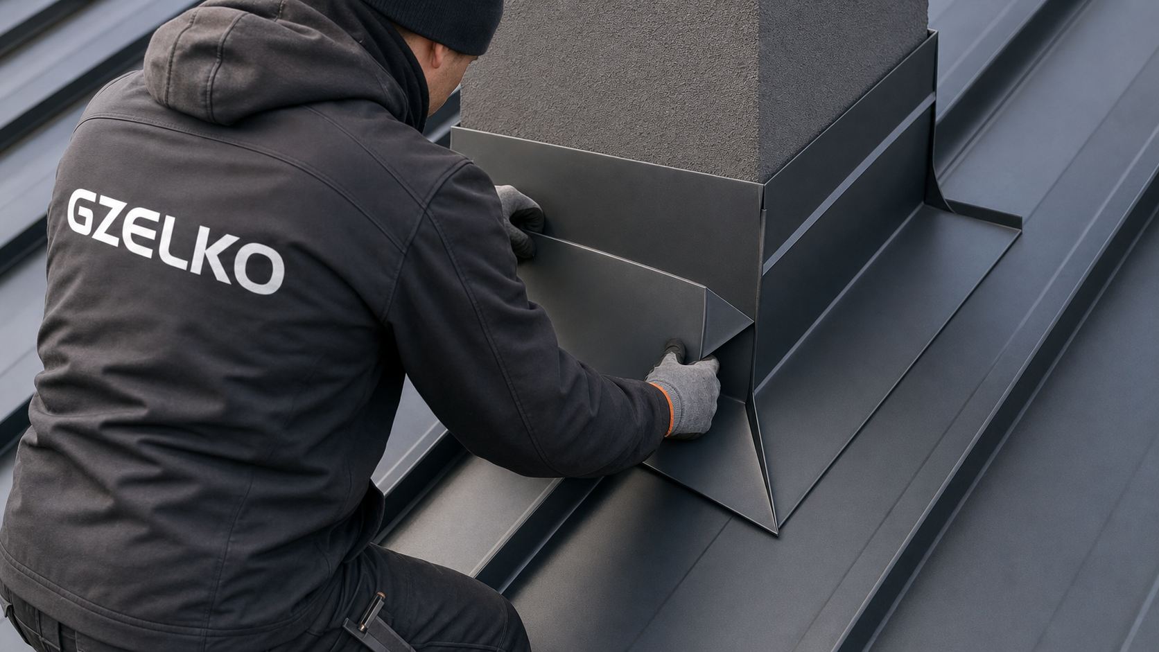 Pracownik GZELKO wykonuje obróbkę blacharską komina